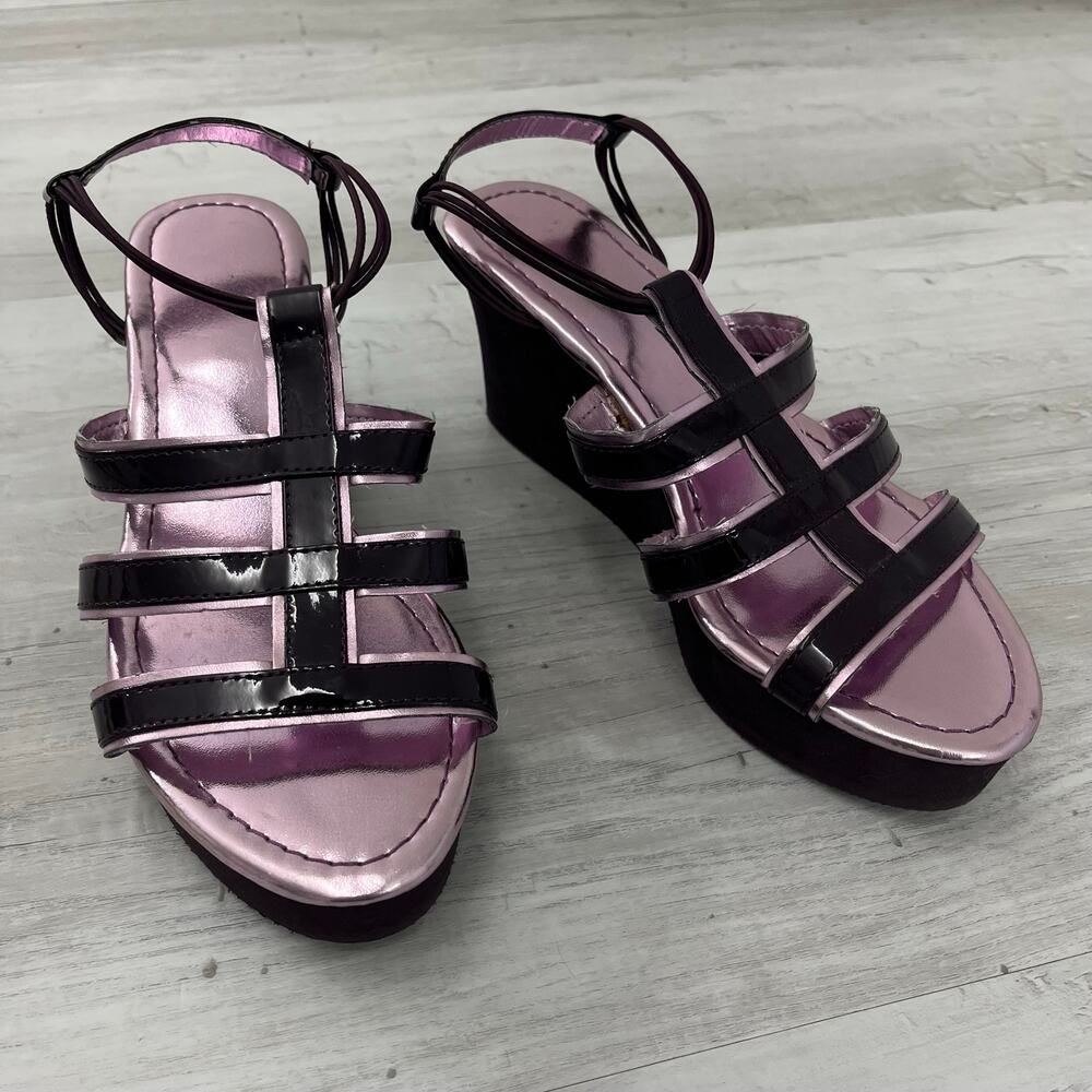 Avon Metallic Purple Strappy Platform Heels Y2K Chunky Cutout Sandals 6-6.5